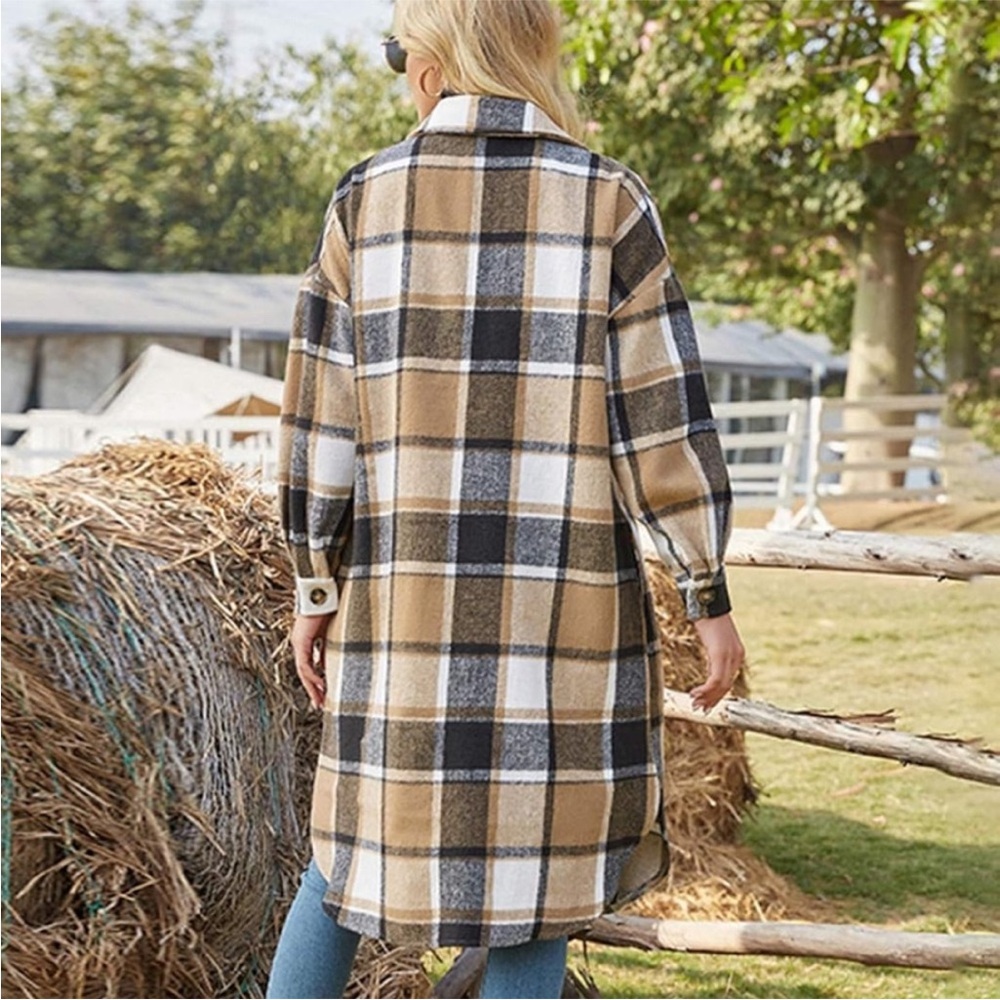 Collared Button Down Plaid Long Shacket | Brown F… - image 3